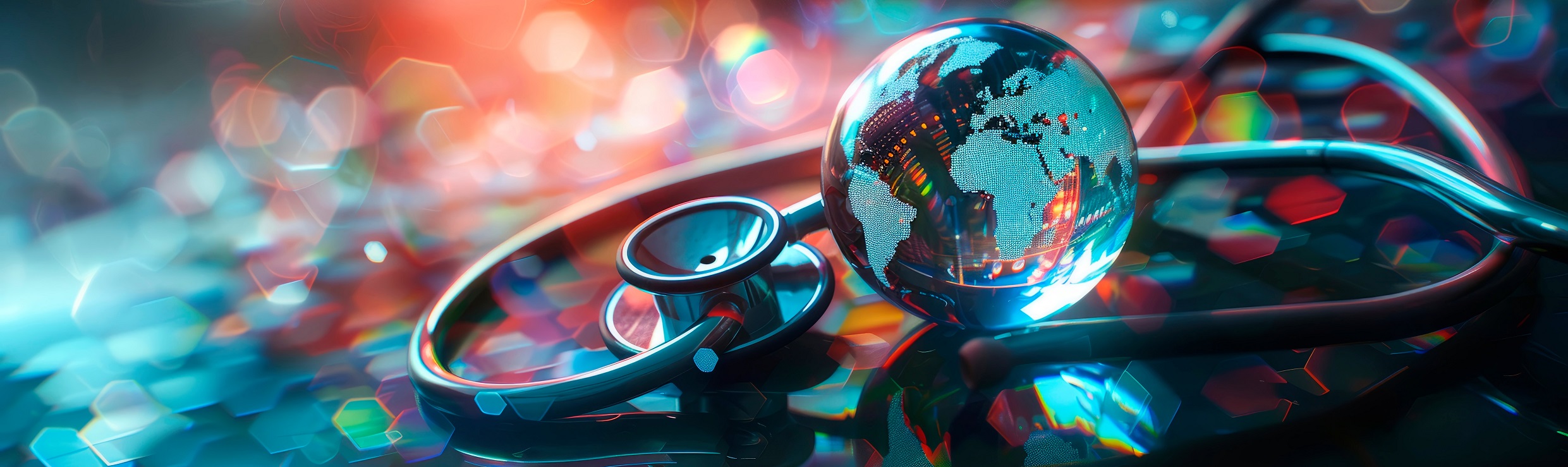 Stock image: globe with a stethoscope wrapped around it, symbolizing the global impact and reach of healthcare professionals.