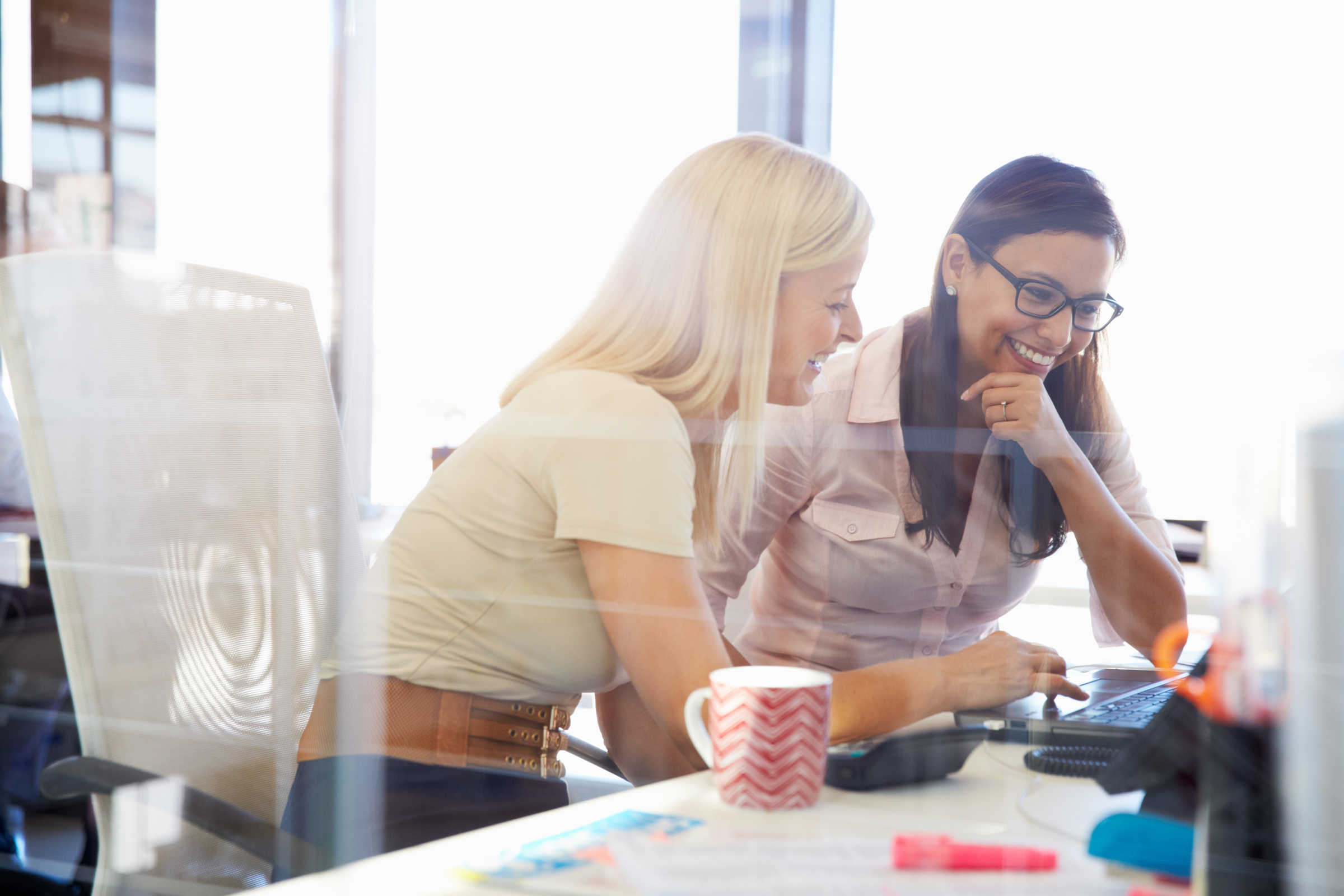 Two women working on laptop and smiling